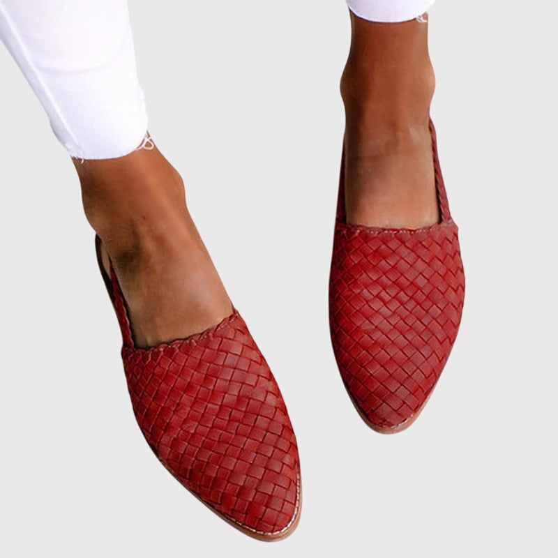 Woven Leather Pointed Toe Slip-On Flat Loafer
