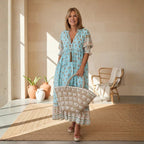 Geometric Print Tassel Tie Tiered Boho Maxi Dress