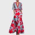 Bold Floral Contrast Trim Deep V-Neck Flowy Maxi Dress