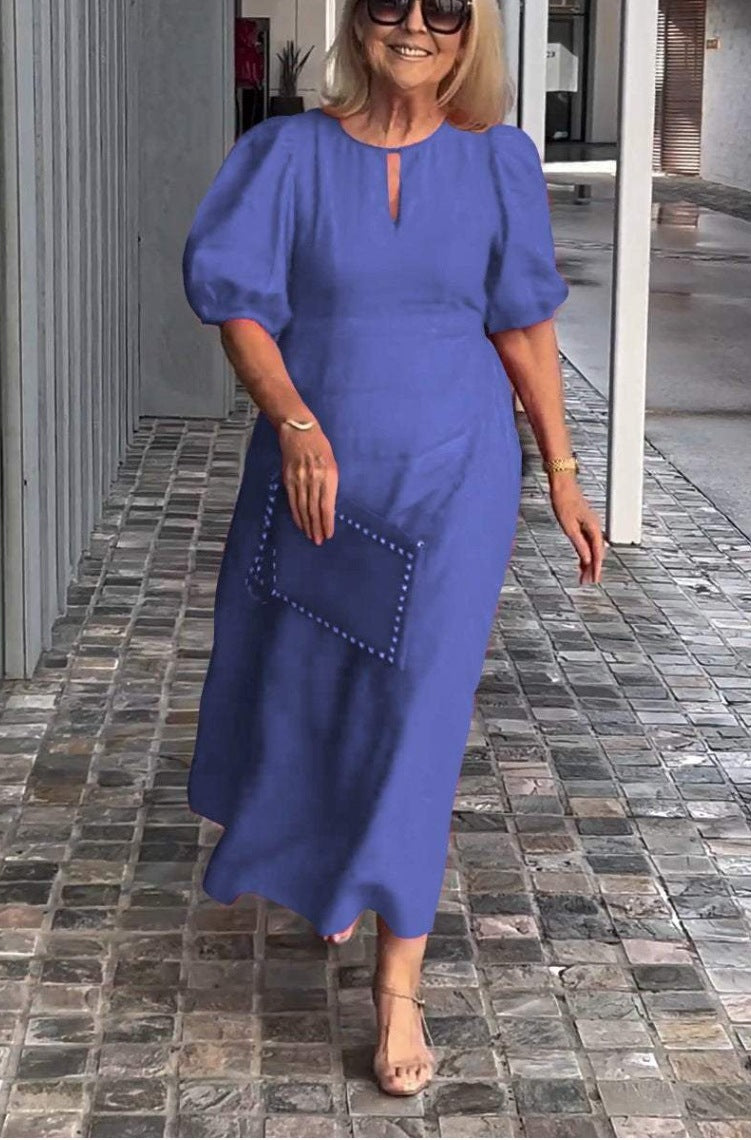 Puff Sleeve Keyhole A Line Midi Dress - Wedding Guest