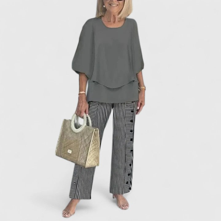 Floral Print Wide Leg Trouser Layered Chiffon Top Two Piece Set