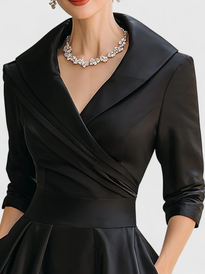 Ruched Wrap Collar A Line Satin Midi Dress - Wedding Guest