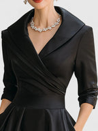 Ruched Wrap Collar A Line Satin Midi Dress - Wedding Guest
