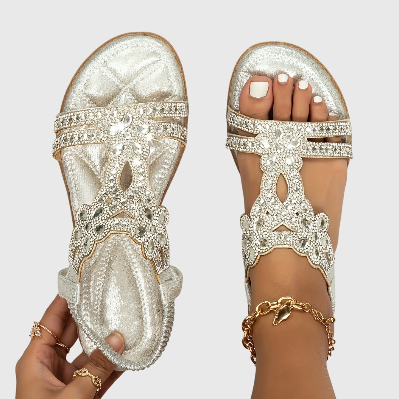 Rhinestone Embellished Cut Out Velcro Flat Sandal