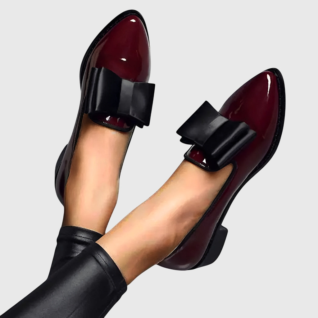 Patent Leather Contrast Bow Detail Pointed Toe Slip On Loafer