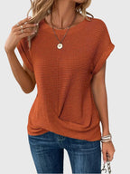 Waffle Knit Crew Neck Rolled Cuff Cap Sleeve Relaxed Top