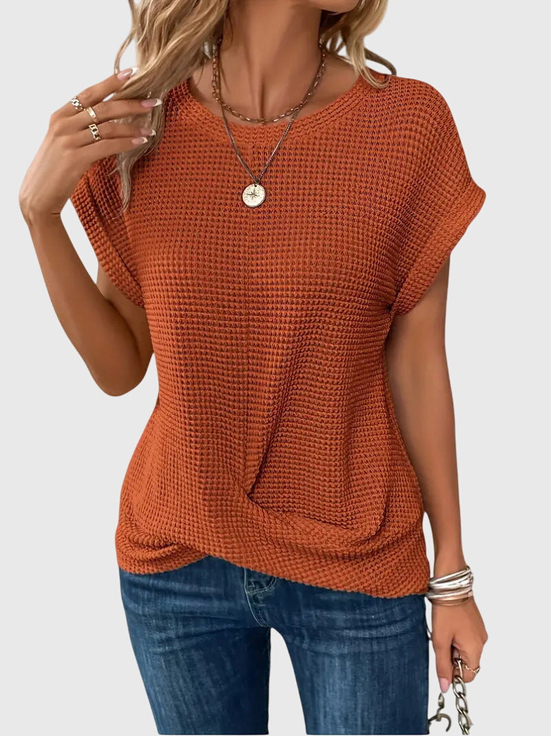 Waffle Knit Crew Neck Rolled Cuff Cap Sleeve Relaxed Top