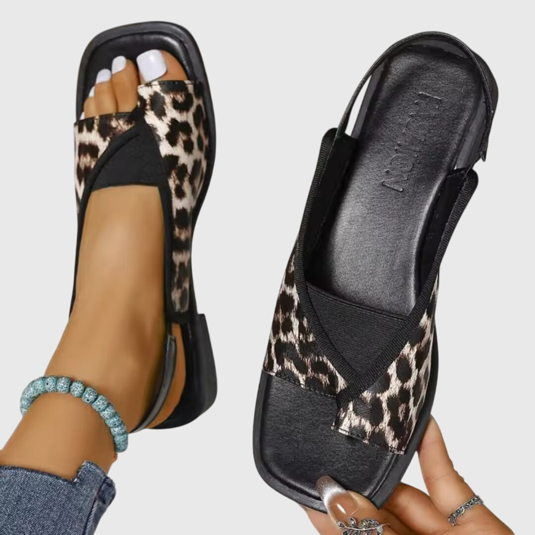 Two Tone Leather Elastic Slingback Flat Sandal
