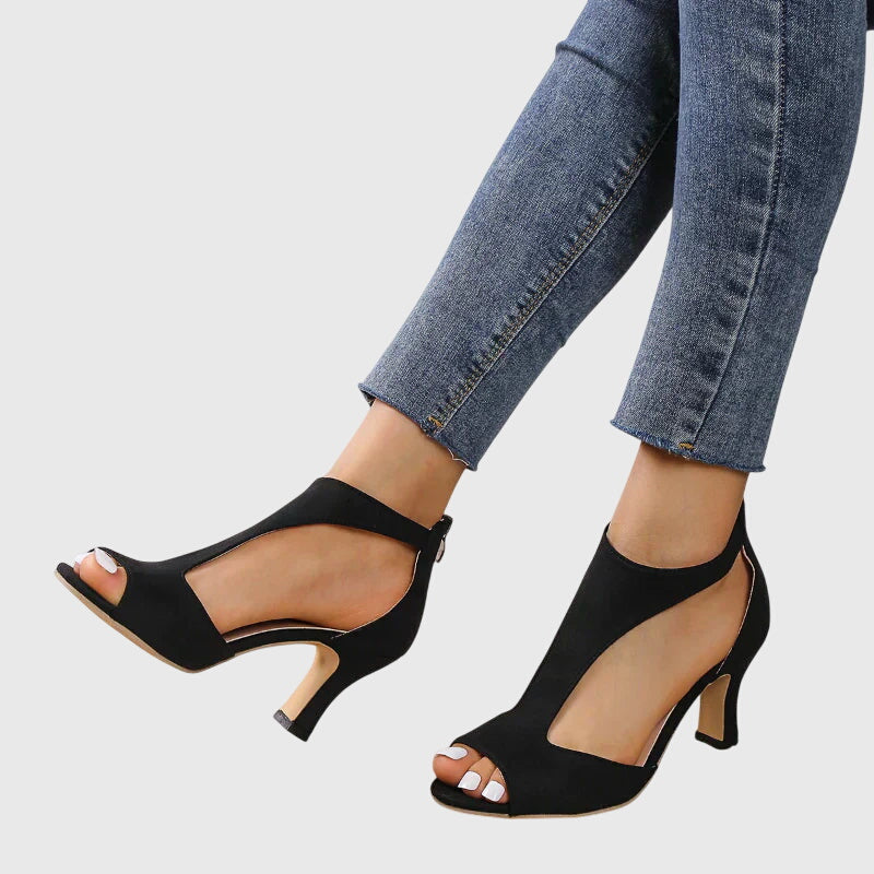 Cut Out Peep Toe Suede Block Heel Sandal