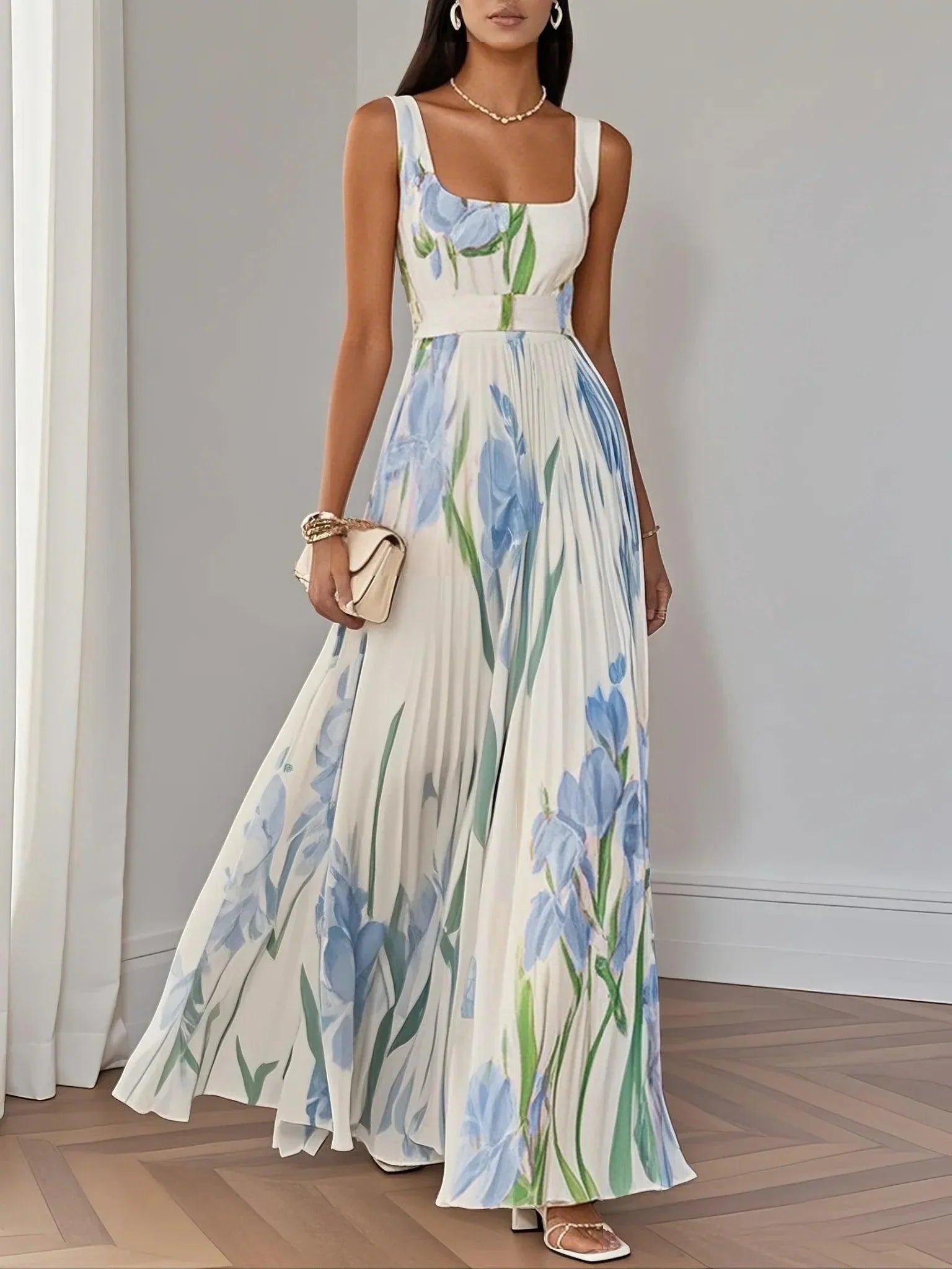 Floral Pleated Square Neck Sleeveless Maxi Dress - Wedding Guest