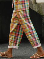 Multicolor Plaid Drawstring Elasticated Waist Casual Linen Pant