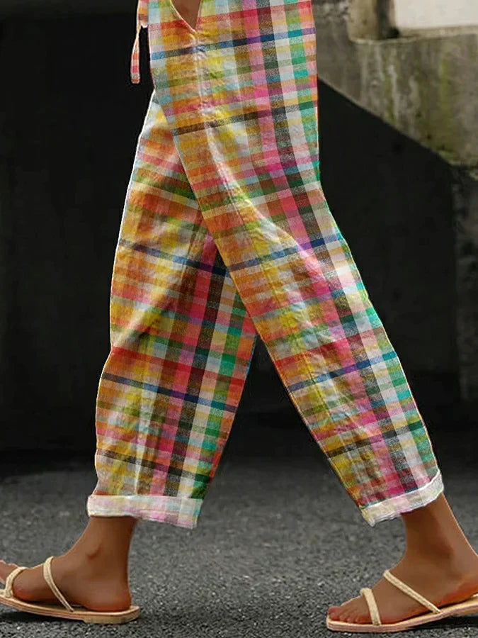 Multicolor Plaid Drawstring Elasticated Waist Casual Linen Pant