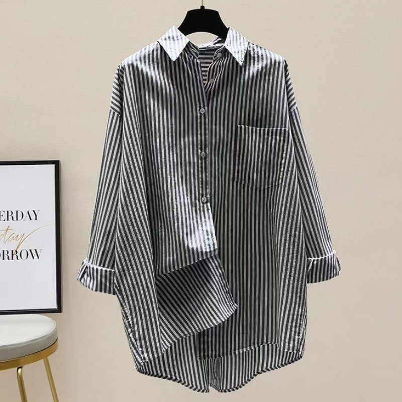 Striped Oversized Longline Button Down Chest Pocket Shirt