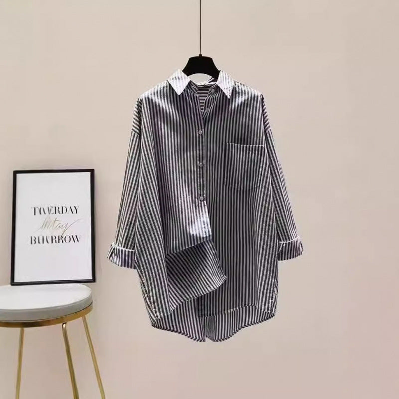 Striped Oversized Longline Button Down Chest Pocket Shirt