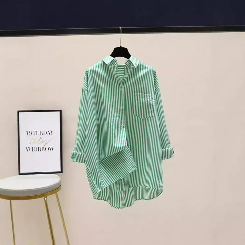 Striped Oversized Longline Button Down Chest Pocket Shirt