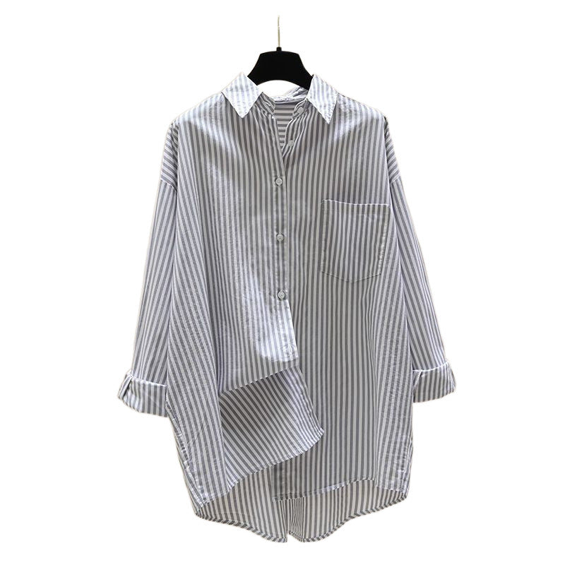 Striped Oversized Longline Button Down Chest Pocket Shirt