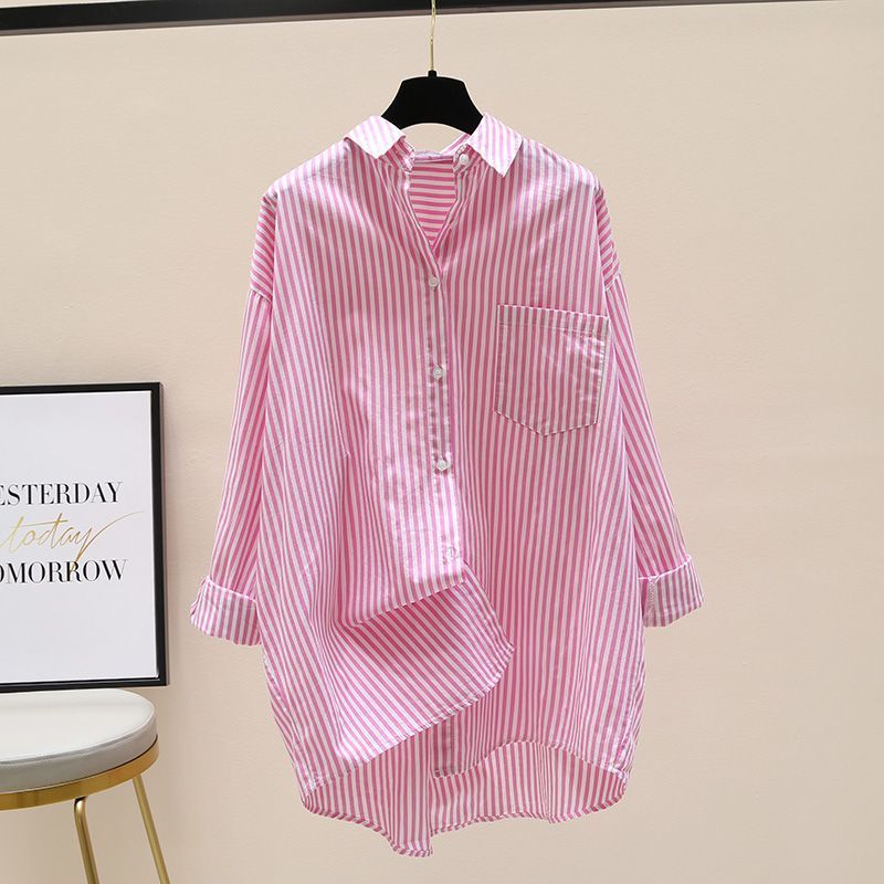 Striped Oversized Longline Button Down Chest Pocket Shirt