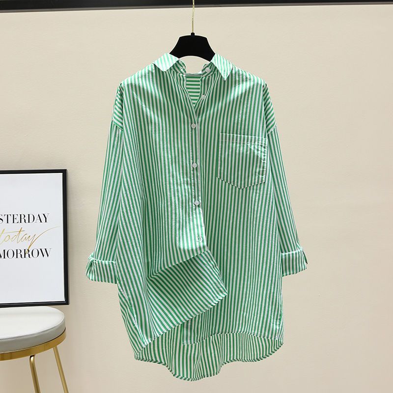 Striped Oversized Longline Button Down Chest Pocket Shirt