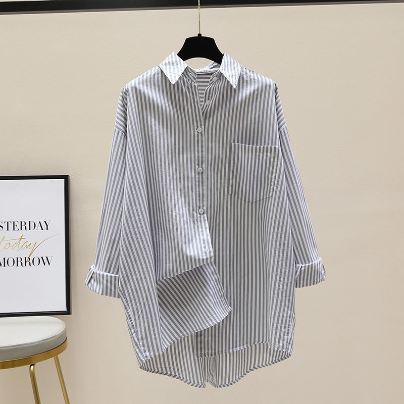 Striped Oversized Longline Button Down Chest Pocket Shirt
