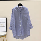 Striped Oversized Longline Button Down Chest Pocket Shirt