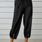 Button Cuff Patch Pocket Drawstring Capri Linen Pant
