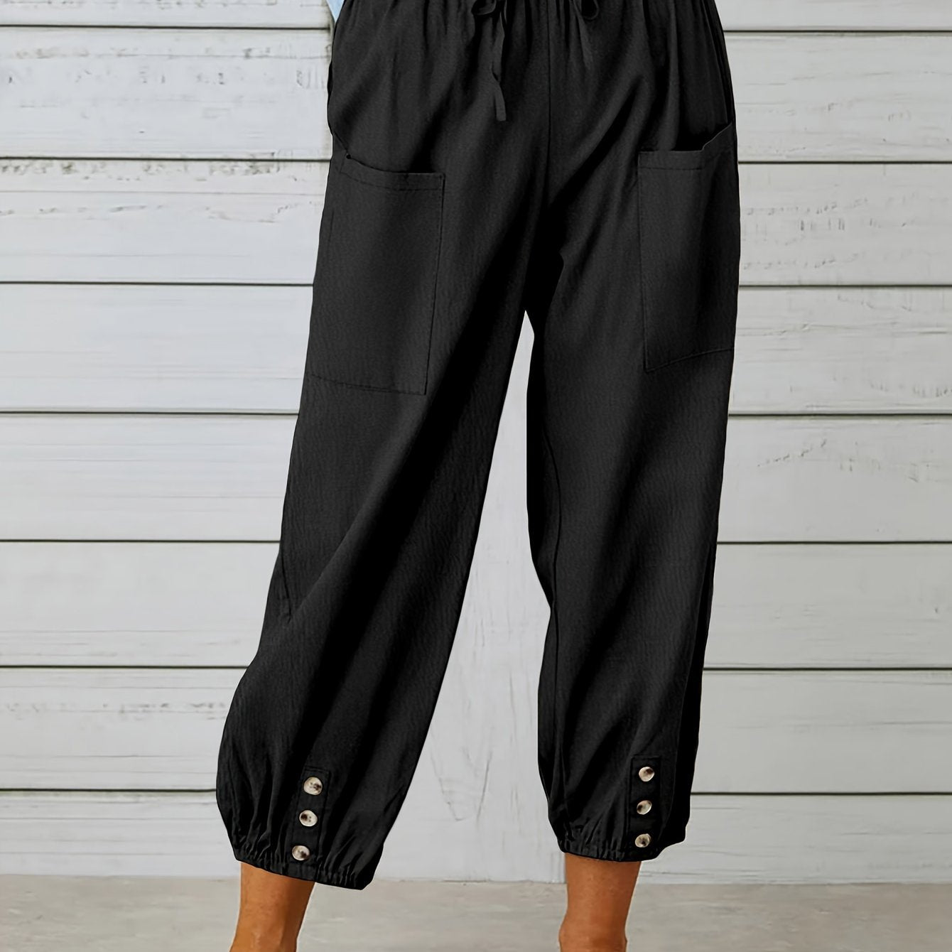 Button Cuff Patch Pocket Drawstring Capri Linen Pant