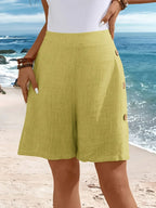 High Waist Side Button Wide Leg Casual Linen Short