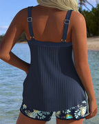 Ribbed Tie Front Sweetheart Tropical Short Tankini Set