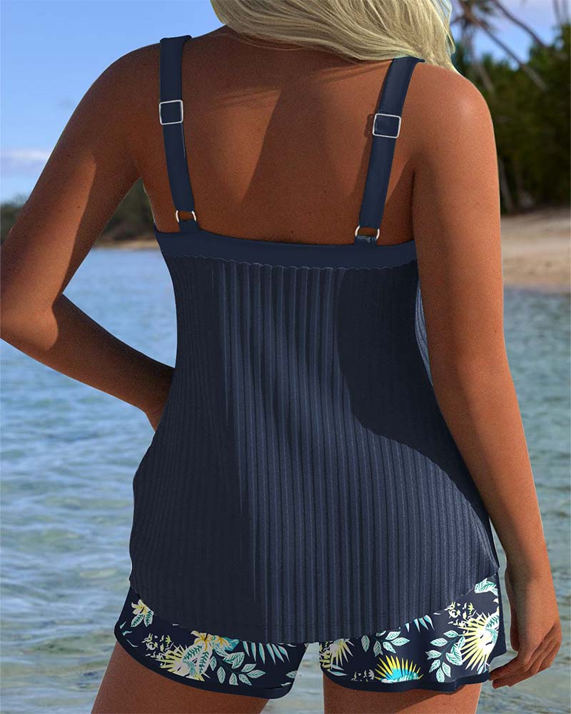 Ribbed Tie Front Sweetheart Tropical Short Tankini Set