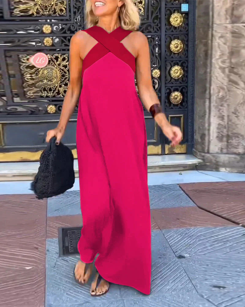 Contrast Cross Halter Neck Sleeveless Casual Maxi Dress