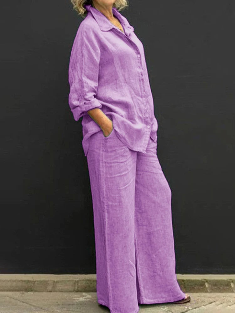 Linen Long Sleeve Shirt and Wide Leg Pant Relaxed Set
