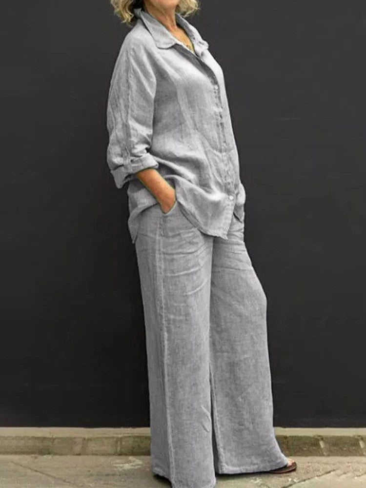 Linen Long Sleeve Shirt and Wide Leg Pant Relaxed Set
