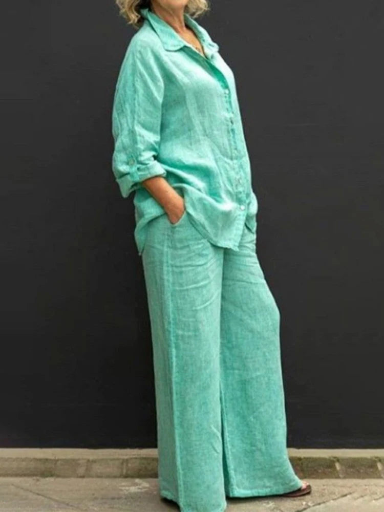 Linen Long Sleeve Shirt and Wide Leg Pant Relaxed Set