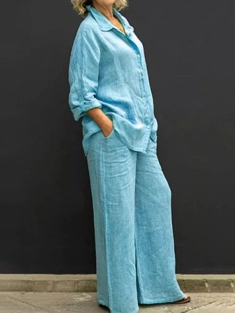 Linen Long Sleeve Shirt and Wide Leg Pant Relaxed Set