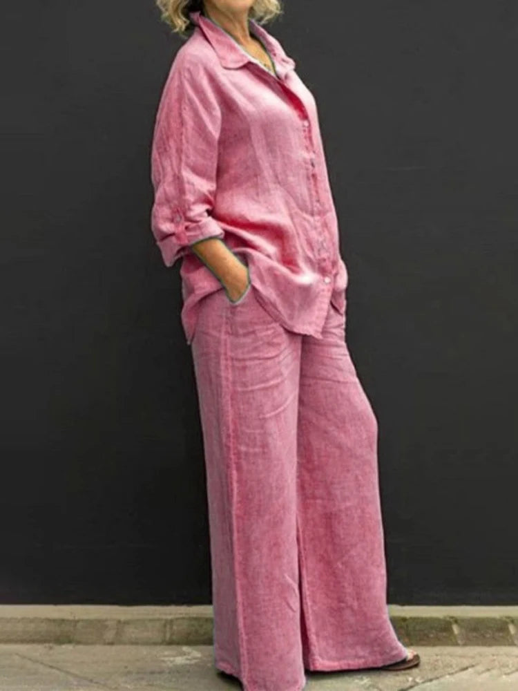 Linen Long Sleeve Shirt and Wide Leg Pant Relaxed Set
