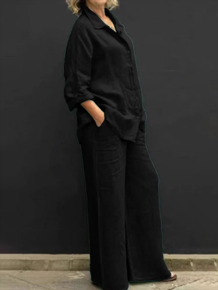 Linen Long Sleeve Shirt and Wide Leg Pant Relaxed Set