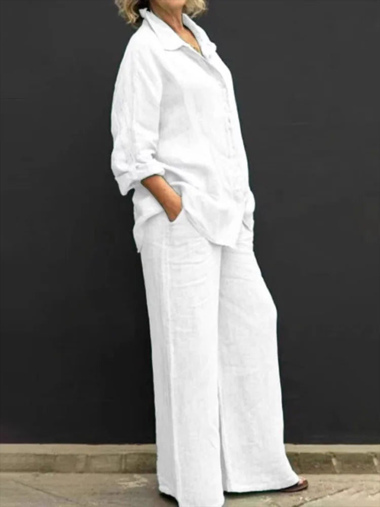 Linen Long Sleeve Shirt and Wide Leg Pant Relaxed Set