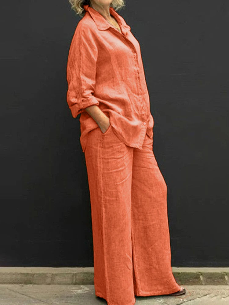 Linen Long Sleeve Shirt and Wide Leg Pant Relaxed Set