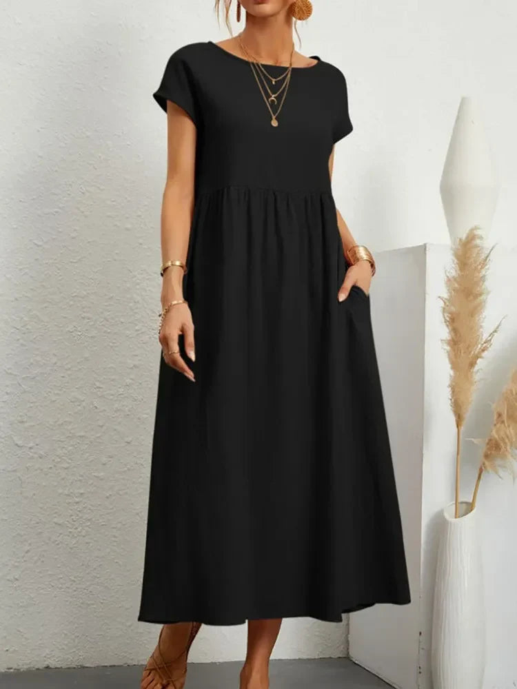 Gathered Waist Short Sleeve Pocket Casual Maxi Dress