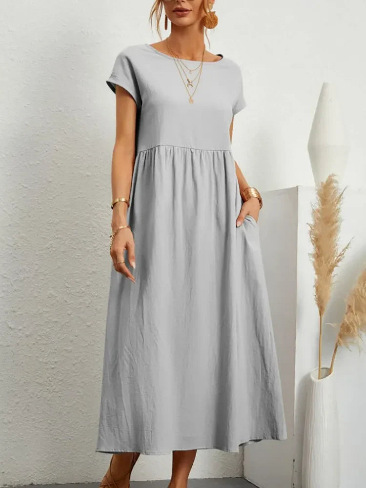 Gathered Waist Short Sleeve Pocket Casual Maxi Dress