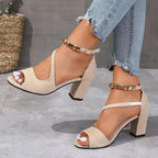 Beaded Ankle Strap Suede Open Toe Block Heel Sandal