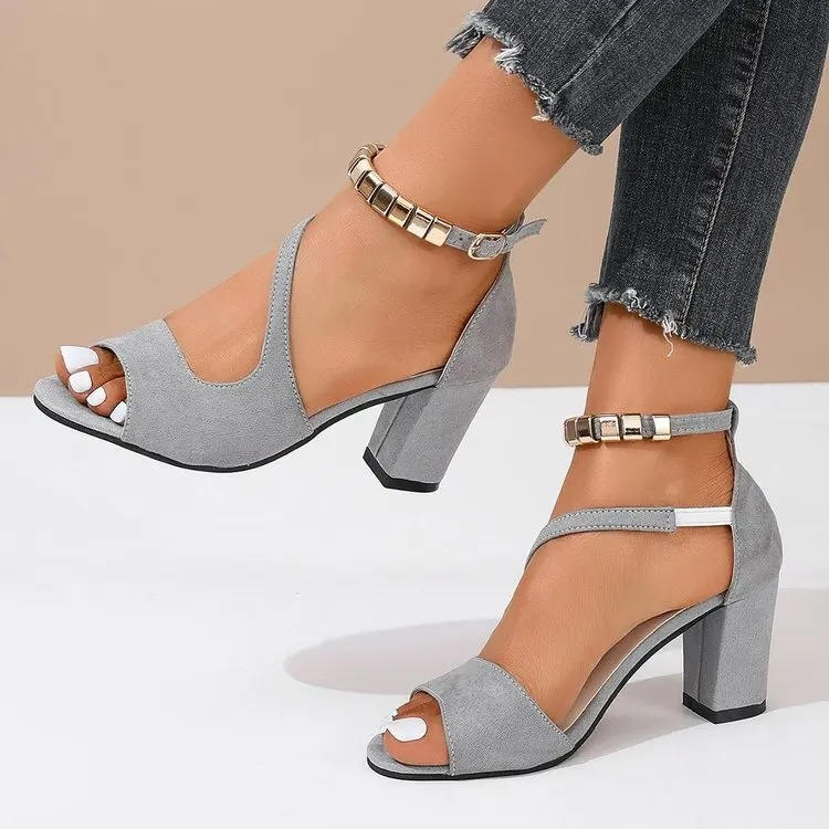 Beaded Ankle Strap Suede Open Toe Block Heel Sandal