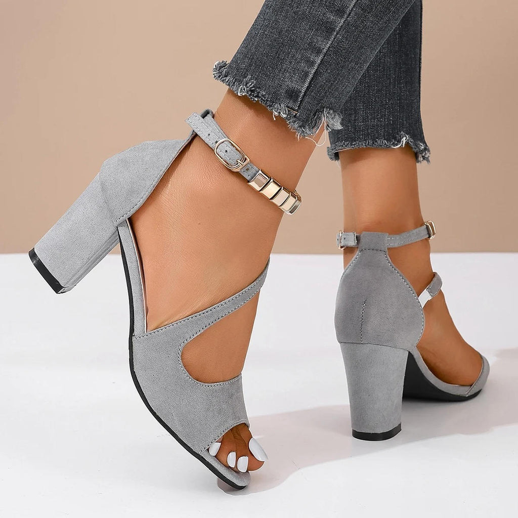 Beaded Ankle Strap Suede Open Toe Block Heel Sandal