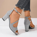 Beaded Ankle Strap Suede Open Toe Block Heel Sandal