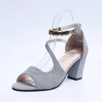 Beaded Ankle Strap Suede Open Toe Block Heel Sandal