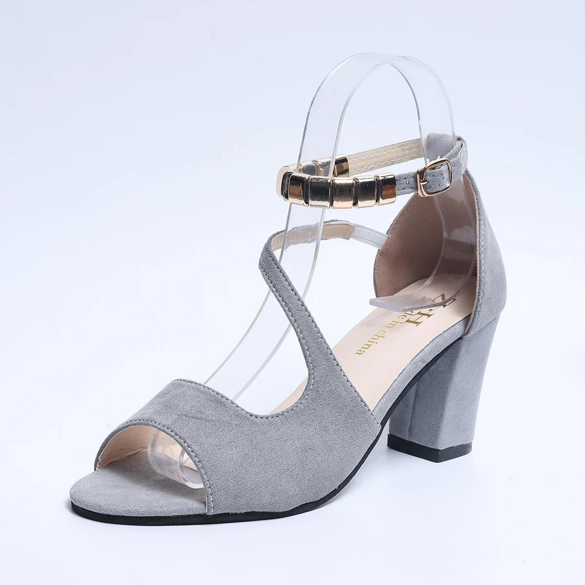 Beaded Ankle Strap Suede Open Toe Block Heel Sandal