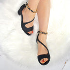 Beaded Ankle Strap Suede Open Toe Block Heel Sandal