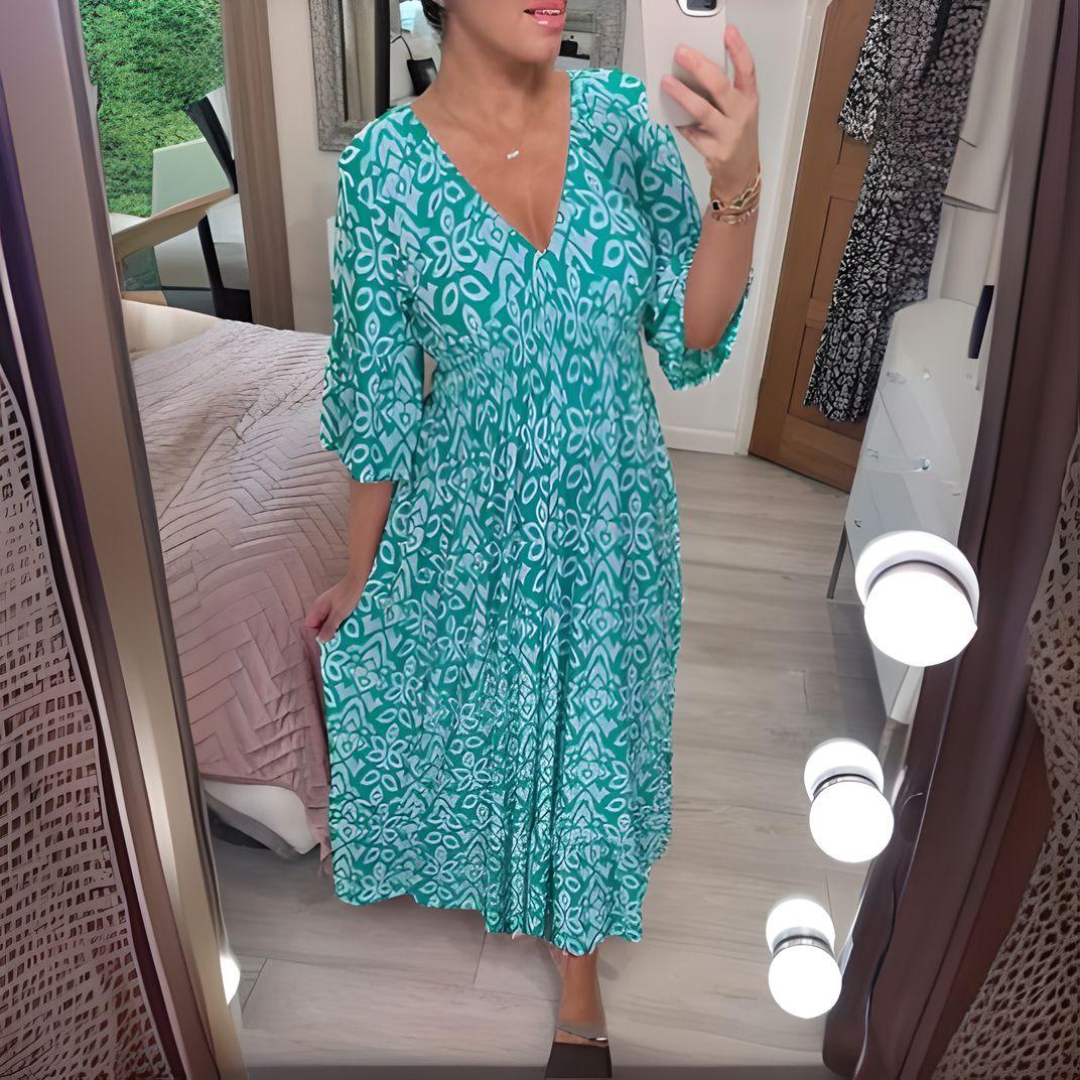 Ikat Print Smocked Waist V Neck Boho Midi Dress