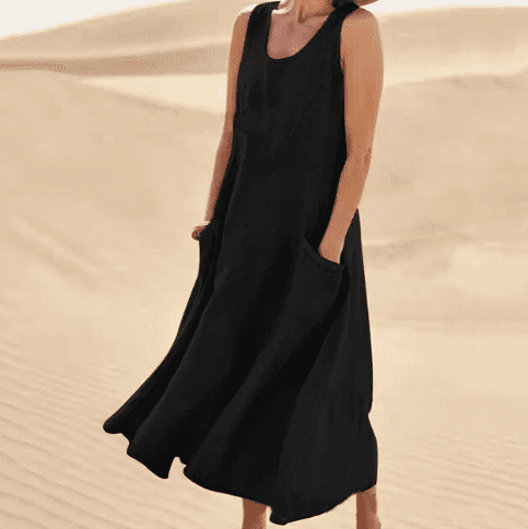 Linen Sleeveless Scoop Neck Pocket Casual Maxi Dress