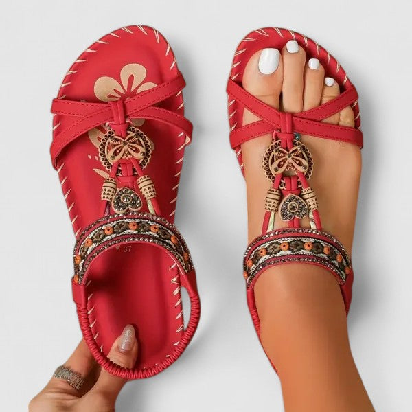 Boho Beaded Rhinestone Elastic Strap Flat Toe Ring Sandal